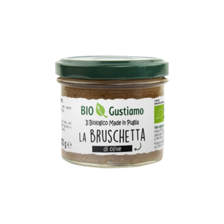 Préparation bio pour bruschetta aux olives Bio Gustiamo, tartinade italienne artisanale pour apéritif gourmand